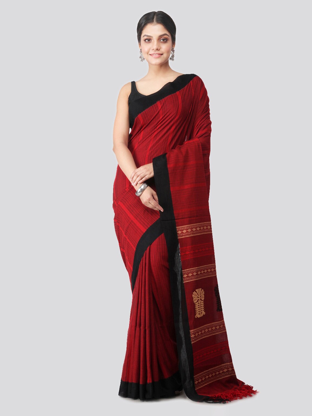 PinkLoom Maroon Woven Design Pure Cotton Handloom Sustainable Saree