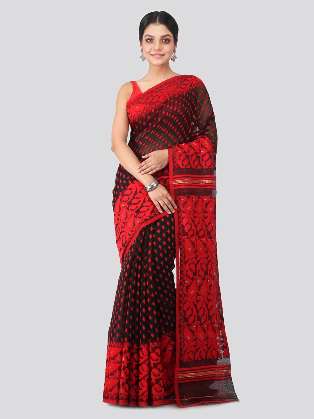 PinkLoom Black & Red Pure Cotton Woven Design Jamdani Sustainable Saree
