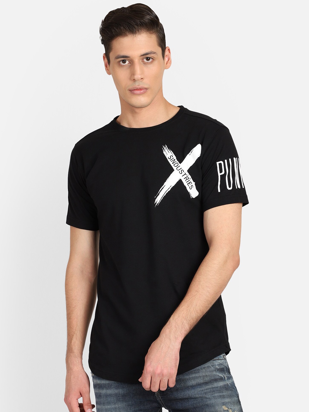 PUNK Men Black Printed Round Neck T-shirt