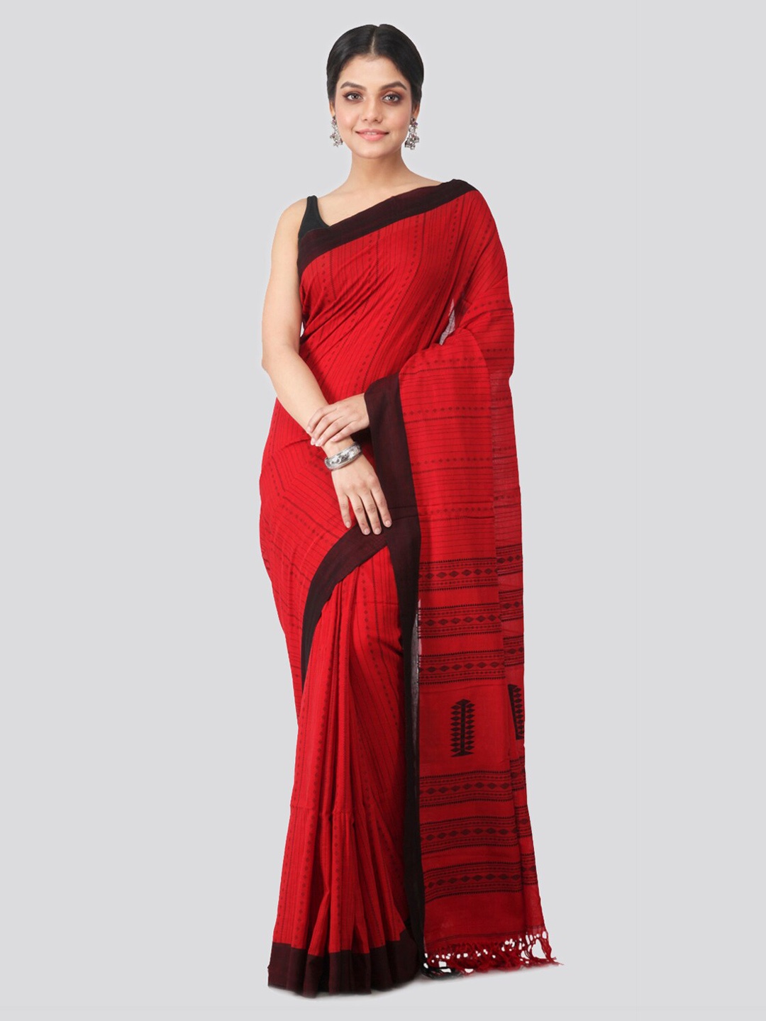 PinkLoom Red Pure Cotton Striped Handloom Cotton Sustainable Saree