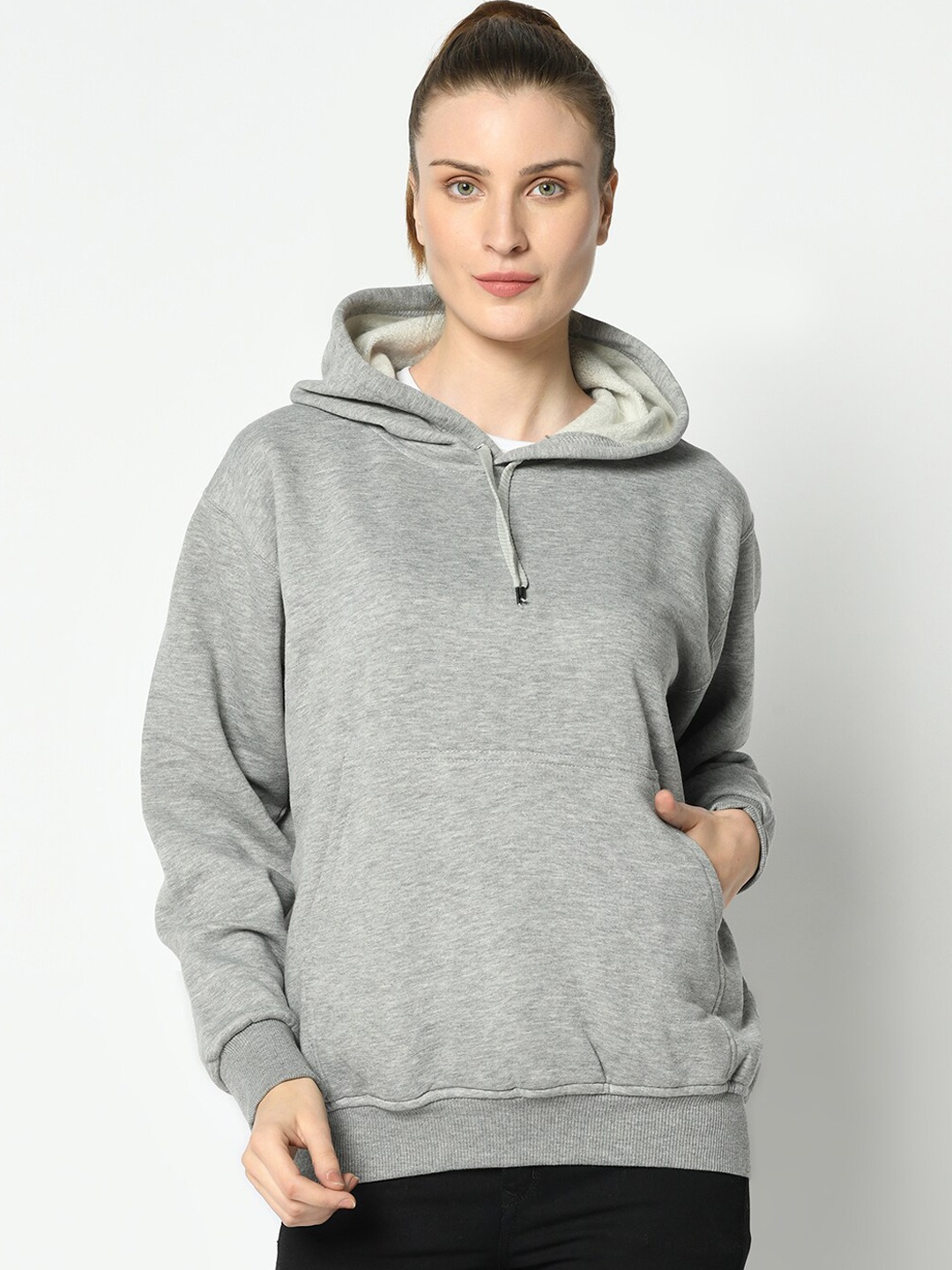 VIMAL JONNEY Women Grey Melange Solid Hooded Sweatshirt