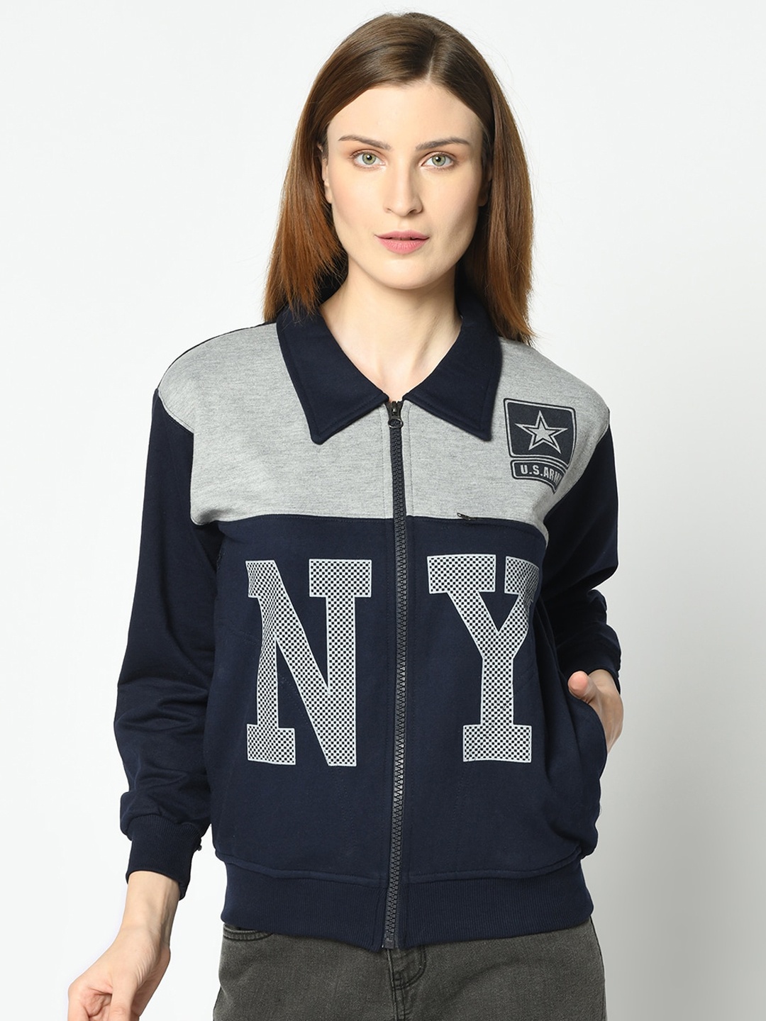 VIMAL JONNEY Women Navy Blue & Grey Melange Printed Sweatshirt