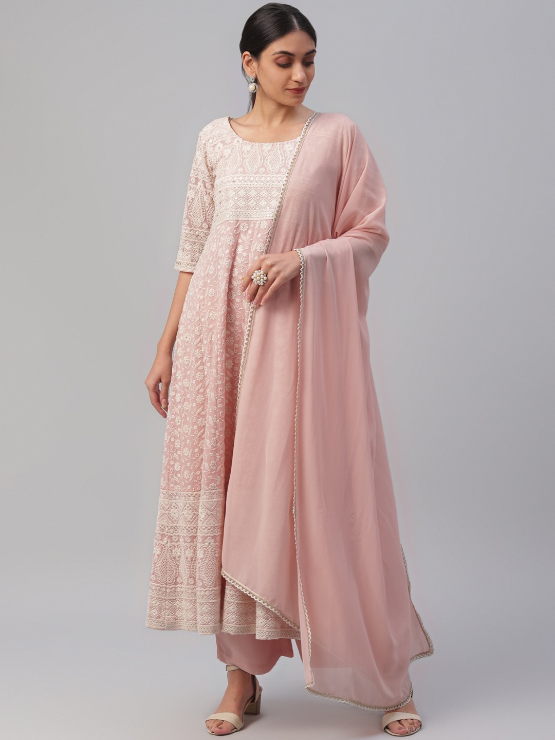 Libas Women Pink & Off-White Embroidered Kurta with Palazzo & Dupatta