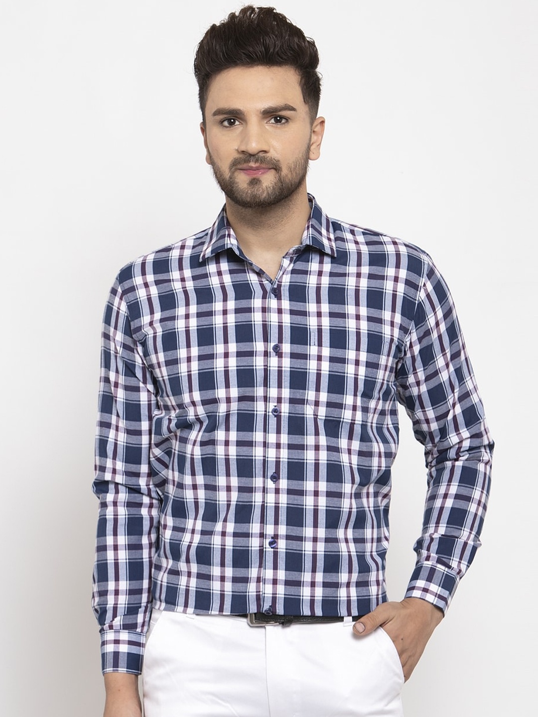 JAINISH Men Navy Blue & White Regular Fit Checked Formal Shirt