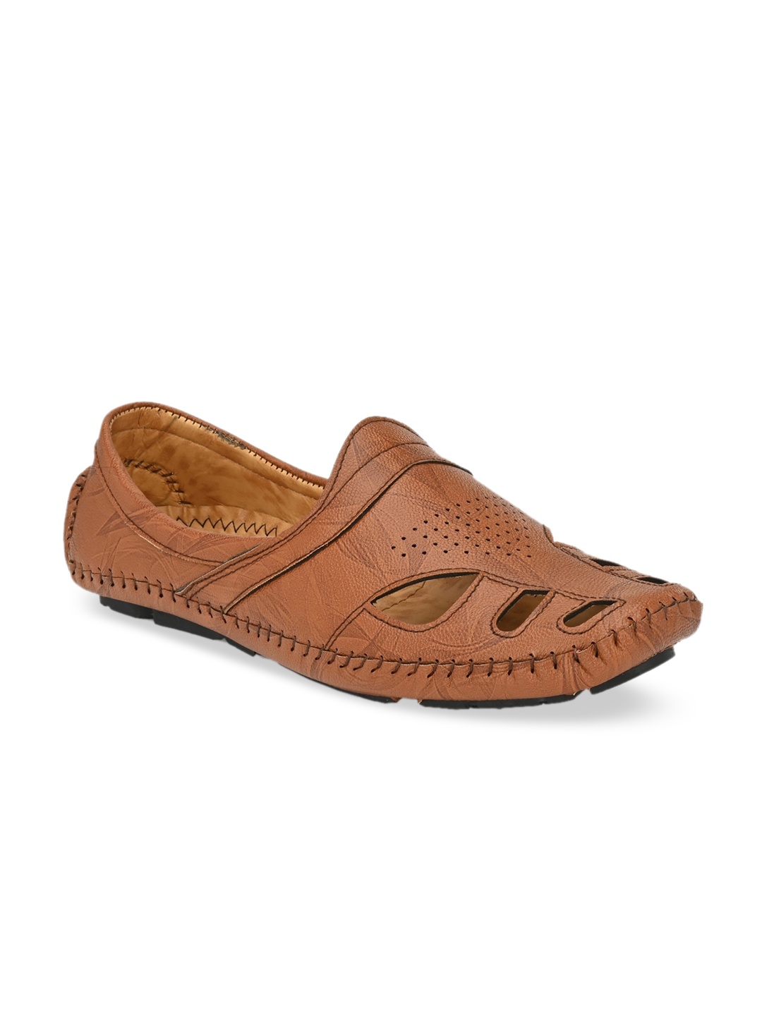 El Paso Men Tan Brown Laser Cut Shoe-Style Sandals