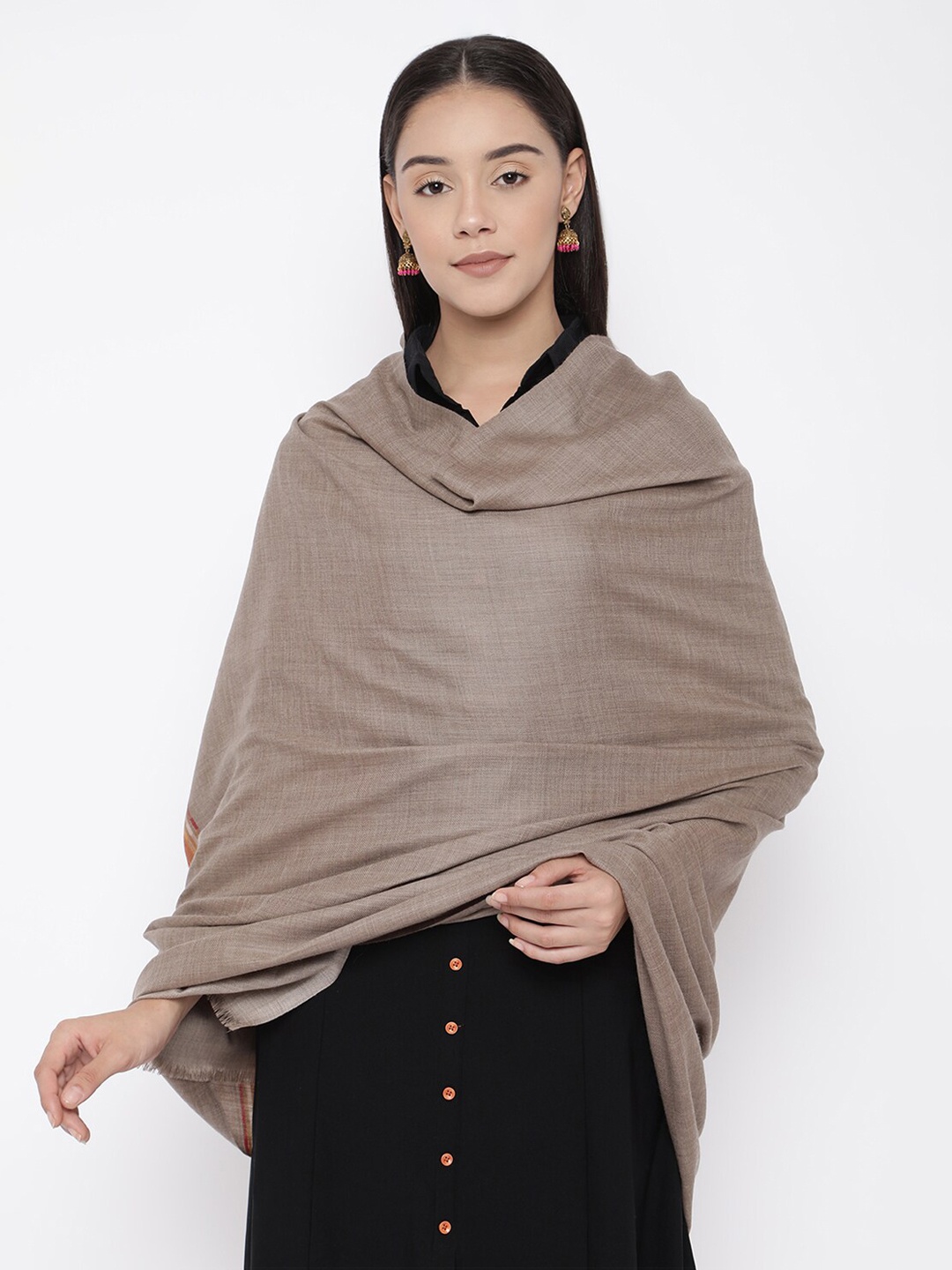 Pashmoda Women Beige & Orange Solid Woolmark Certified Pure Wool Shawl