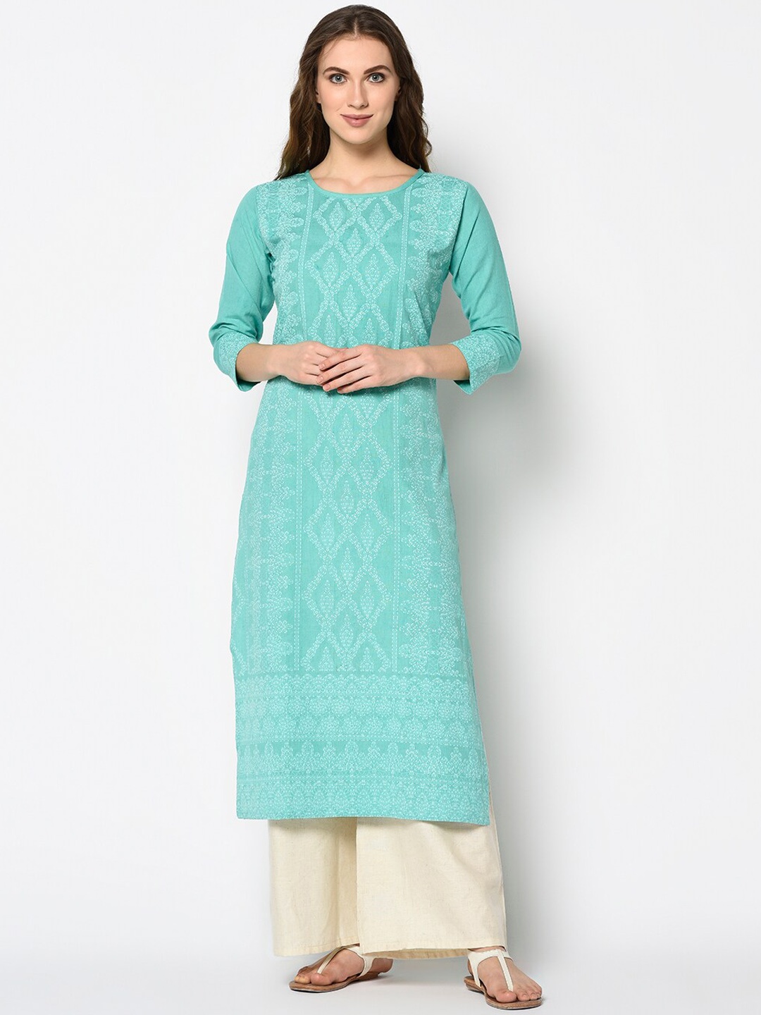 Kvsfab Women Blue Printed Straight Kurta