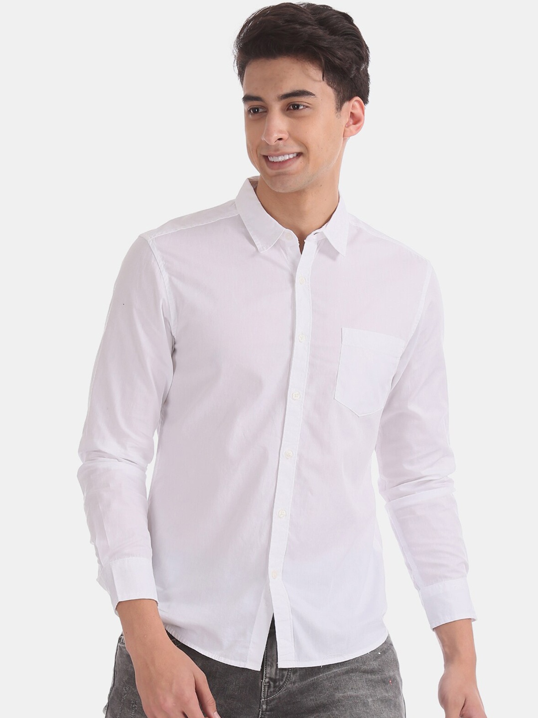 Flying Machine Men White Regular Fit Solid Casual Shirt