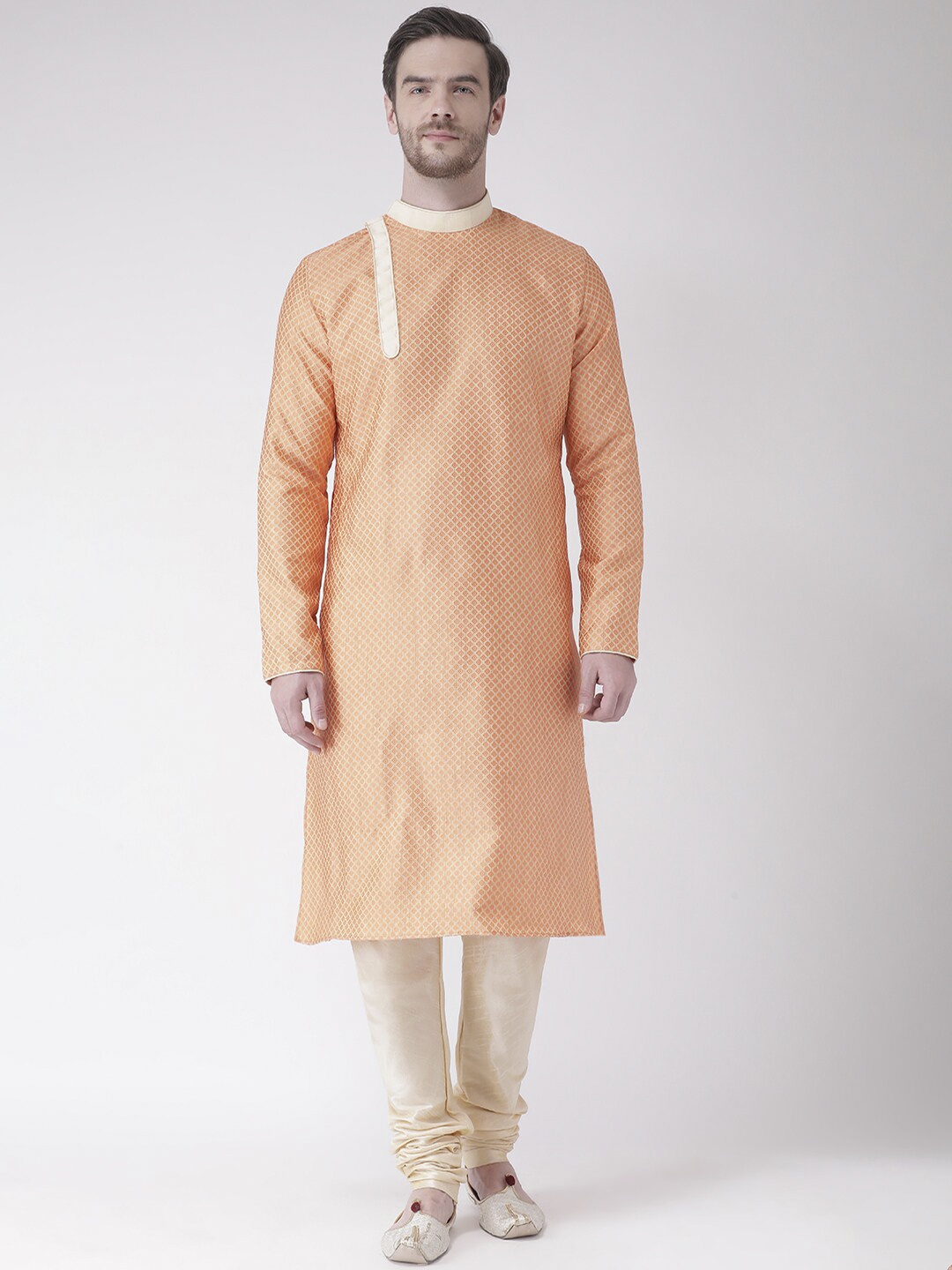 LAMAAYA Men Orange Panelled Kurta with Churidar
