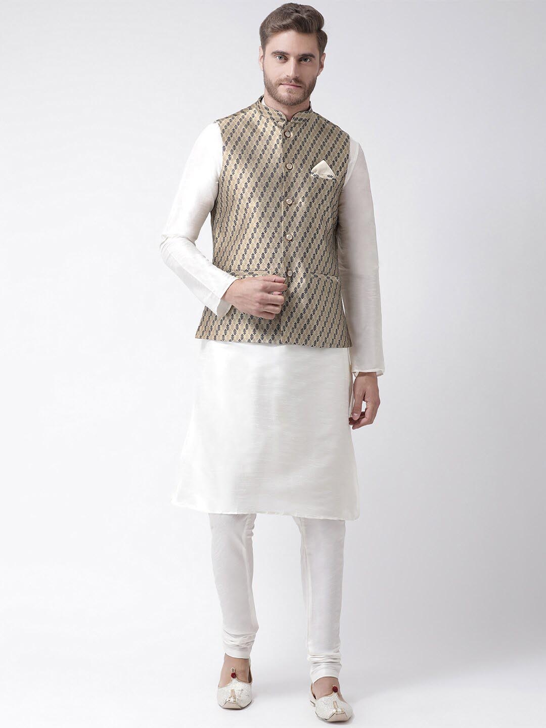 LAMAAYA Men Cream-Coloured & White Solid Kurta with Pyjamas
