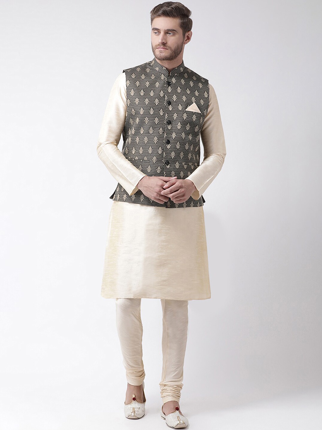 LAMAAYA Men Black Nehru Jacket With Dupion Silk Kurta and Churidar