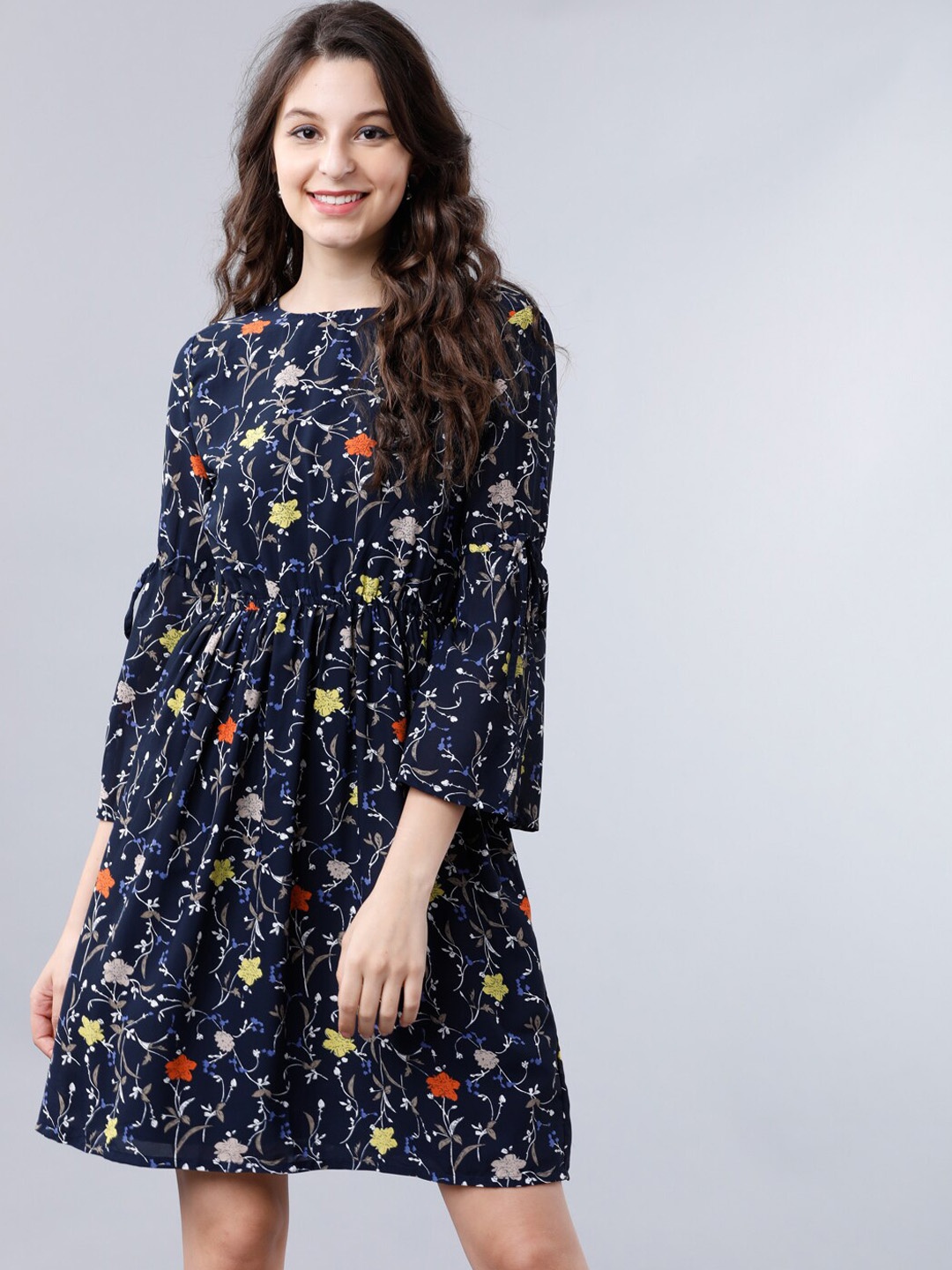 Tokyo Talkies Women Navy Blue & Grey Floral Printed Fit and Flare Dress