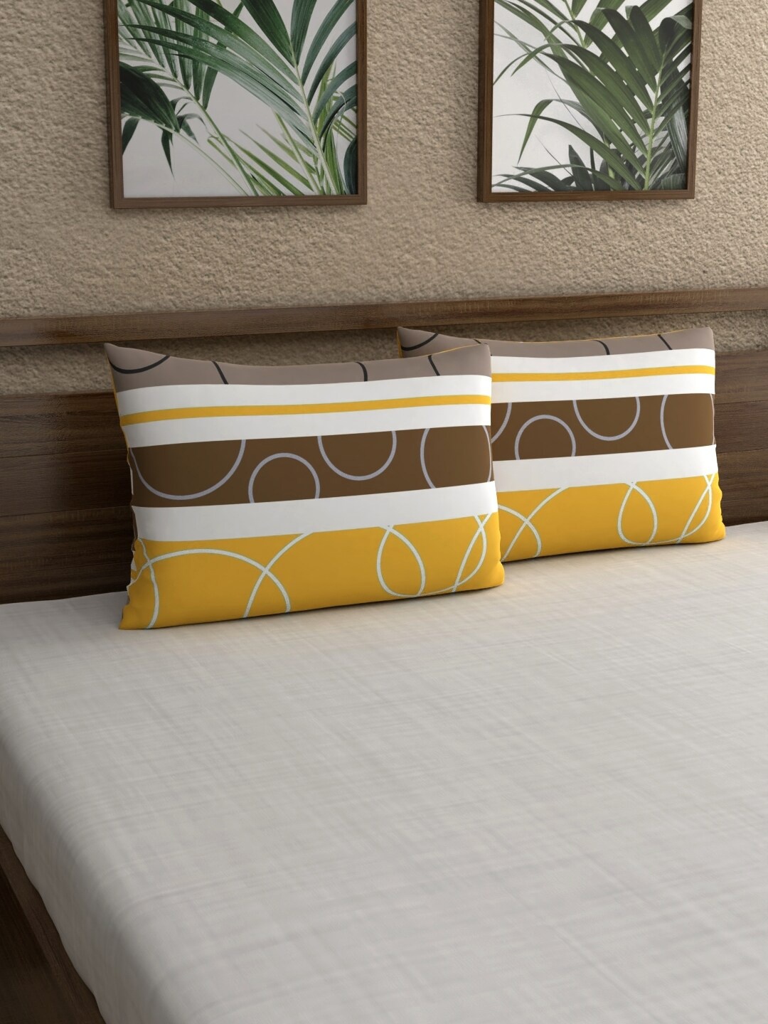 Home Ecstasy Set of 2 Yellow & White Abstract Print 140 TC Pillow Covers