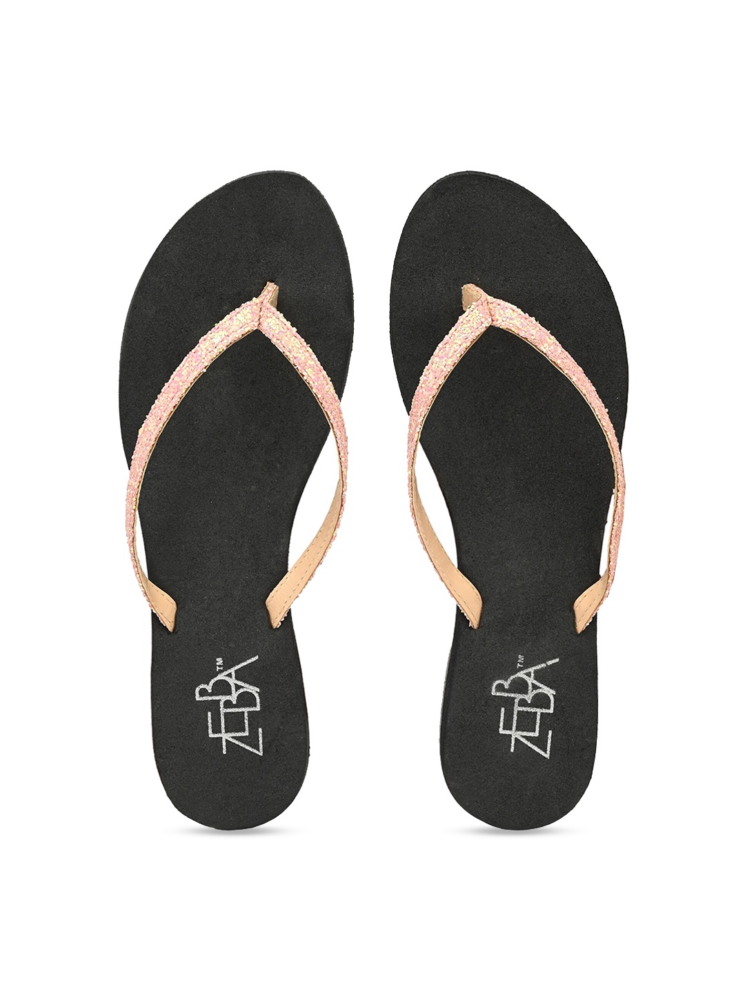 Zebba Women Nude-Coloured & Black Solid Thong Flip-Flops