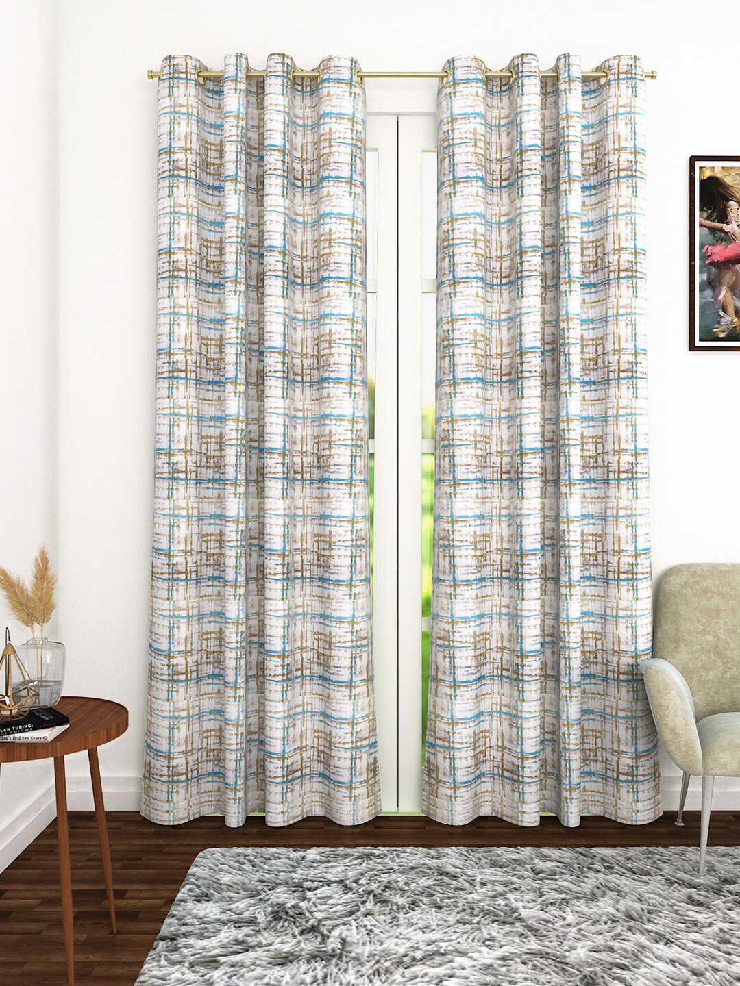 Soumya White & Blue Single Room Darkening Long Door Curtain