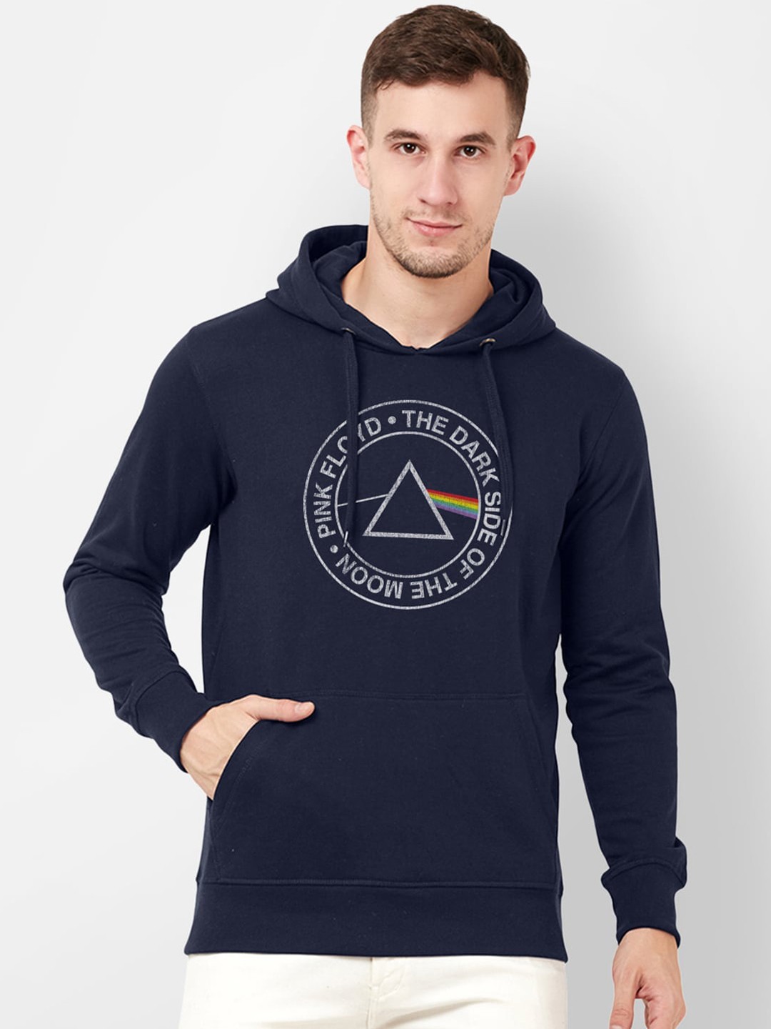 Free Authority Men Navy Blue Pink Floyd Printed Hooded Sweatshirt