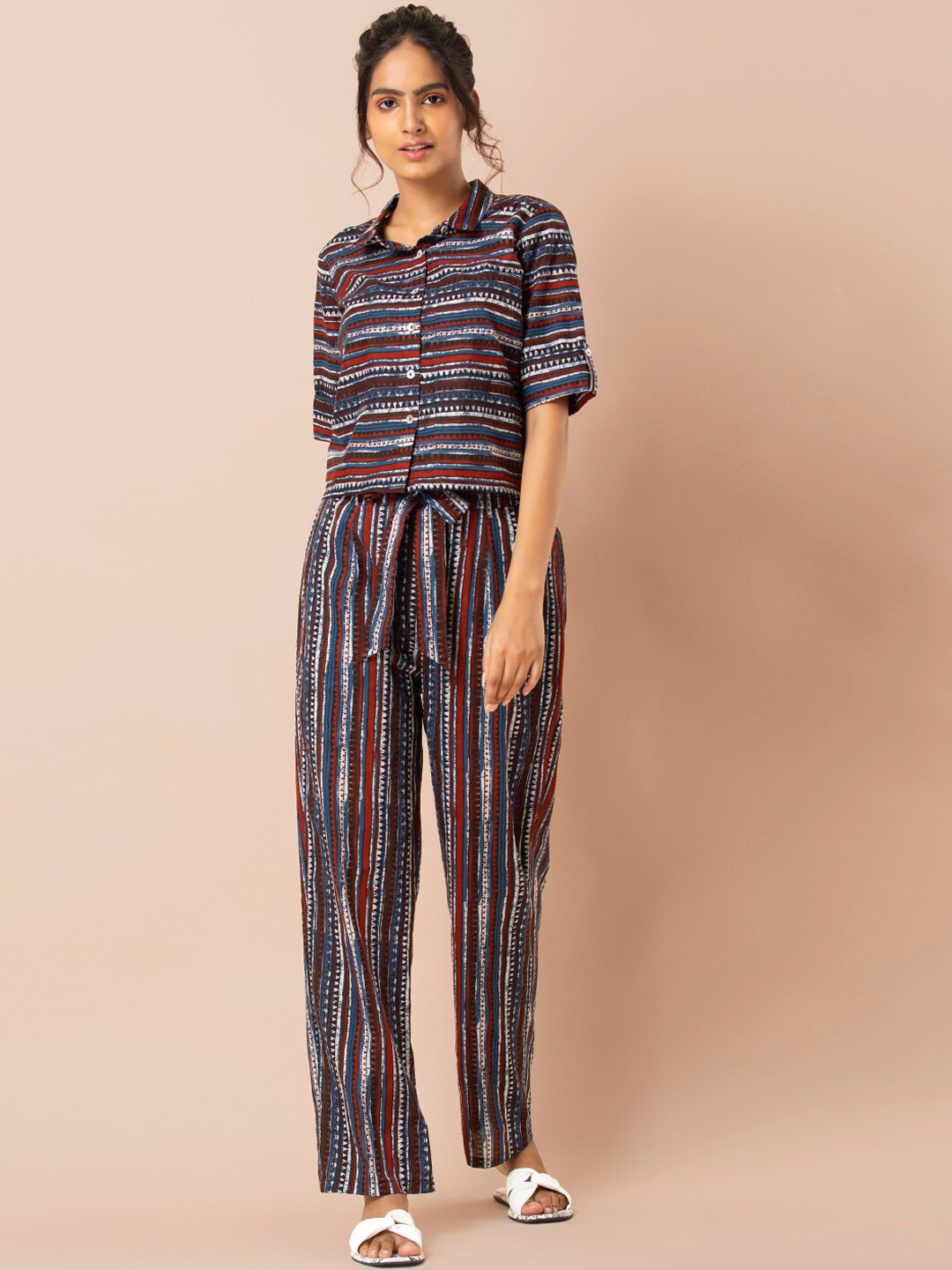 INDYA Women Maroon & Blue Printed Shirt with Trousers