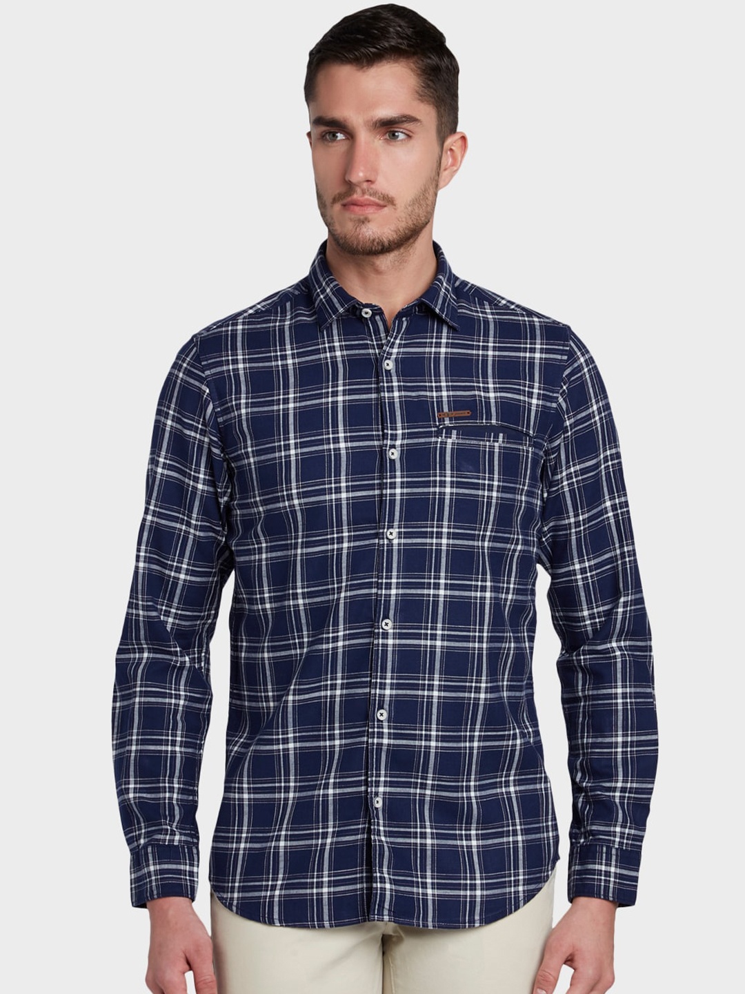 ColorPlus Men Navy Blue & White Regular Fit Checked Casual Shirt