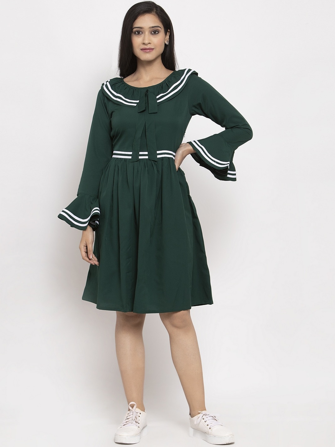 Karmic Vision Women Green Solid A-Line Dress