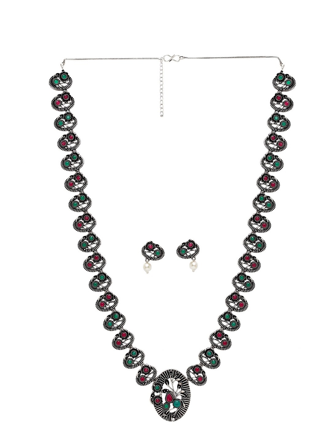 PANASH Oxidized Silver-Plated Pink & Green Artificial Stone-Studded Jewellery Set
PANASH Oxidized Silver-Plated Pink & Green Artificial Stone-Studded Jewellery Set