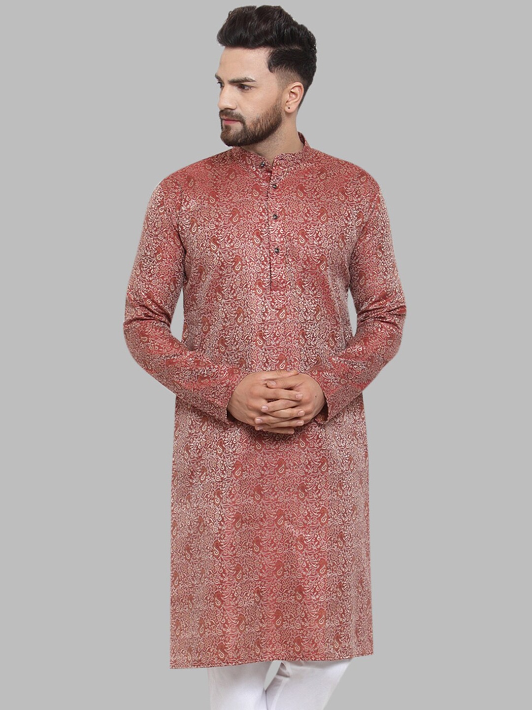 Jompers Men Maroon & Gold-Toned Woven Design Straight Kurta