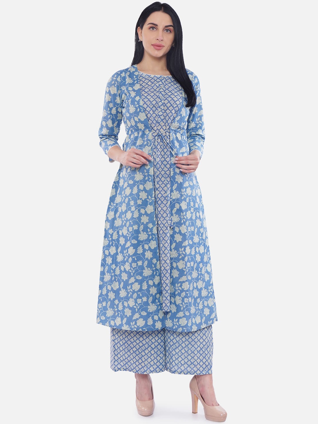 Be Indi Women Blue & Off-White Printed Kurta with Palazzos