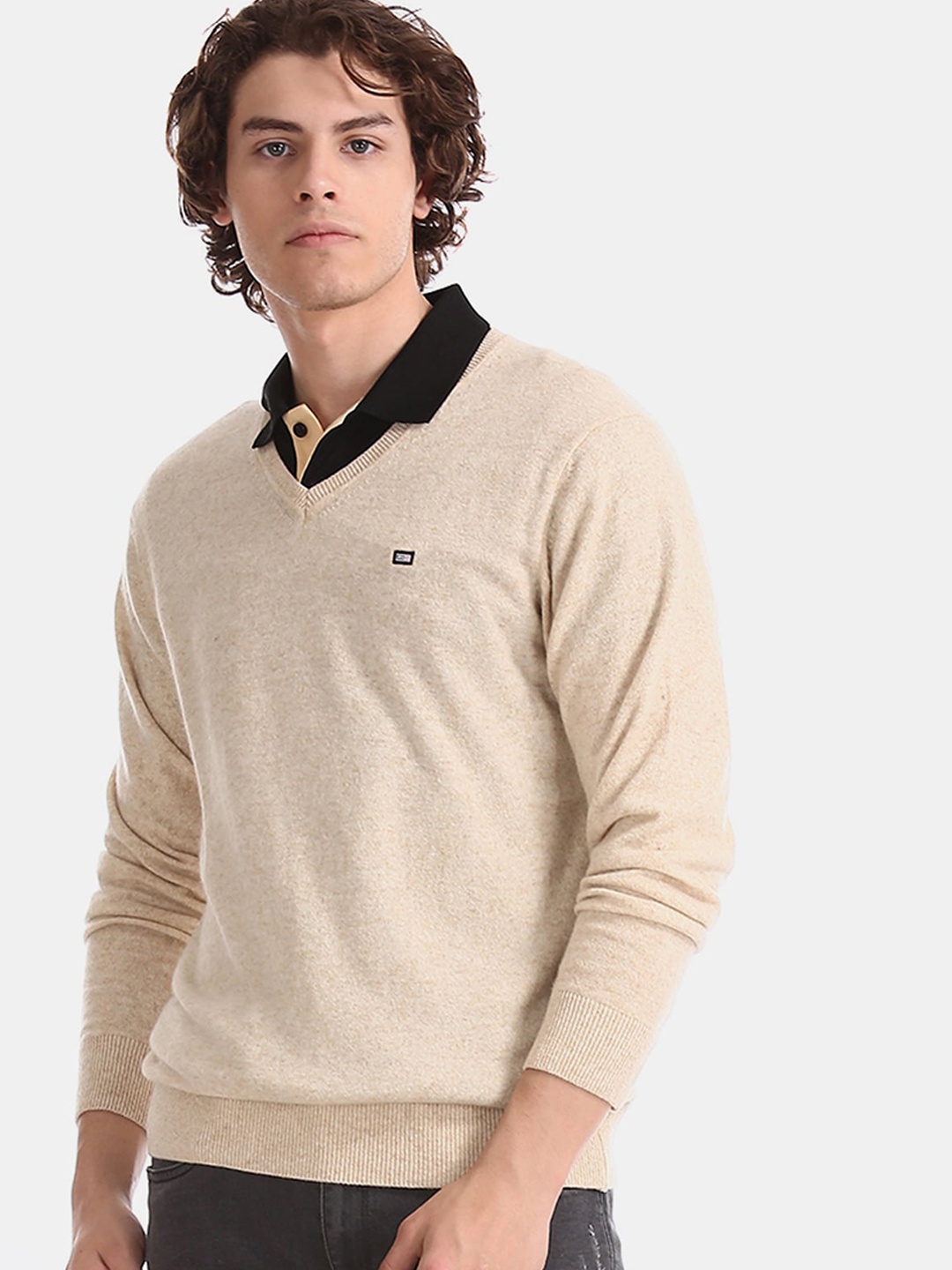 Arrow Sport Men Beige Solid Pullover Sweater