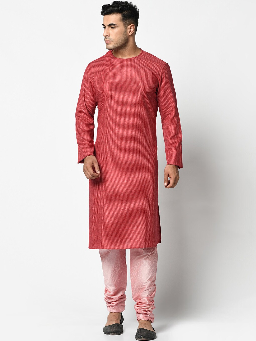 DEYANN Men Red & Pink Jacquard Woven Design Kurta with Churidar
