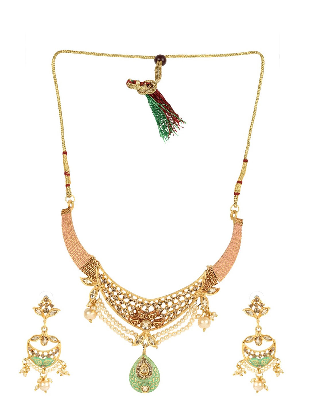 ANIKAS CREATION Gold-Plated Green & Cream-Colored Pearl Beaded Stone-Studded Enamelled Jewellery Set
ANIKAS CREATION Gold-Plated Green & Cream-Colored Pearl Beaded Stone-Studded Enamelled Jewellery Set
