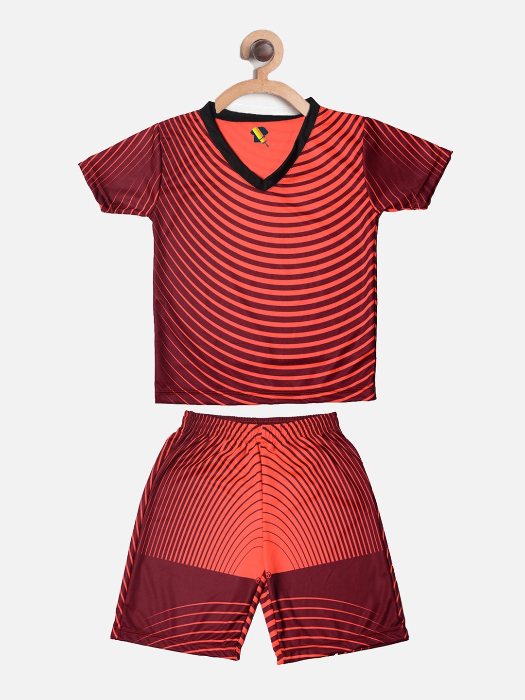 TINY HUG Unisex Kids Coral Orange & Black Striped T-shirt with Shorts