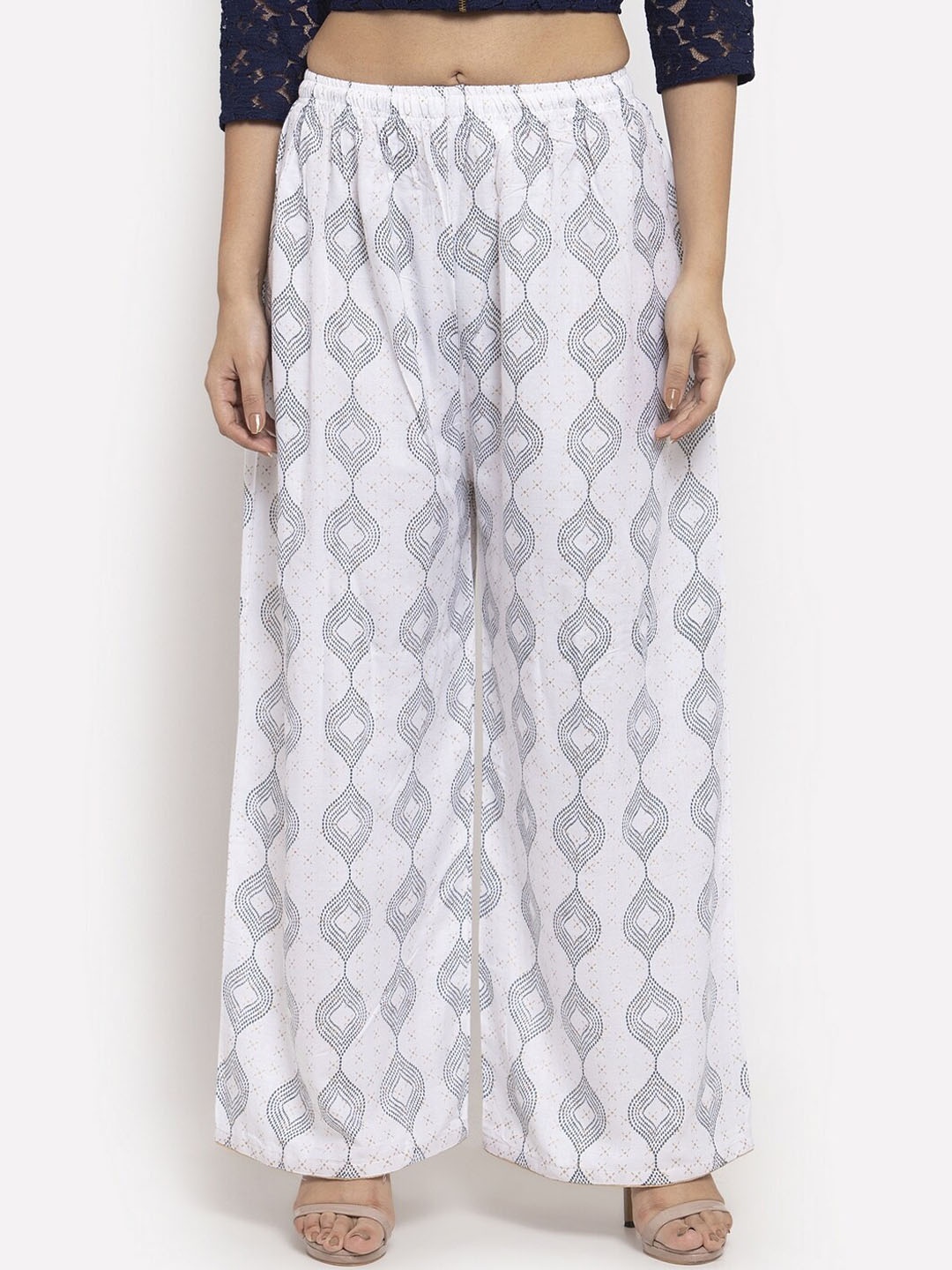 Clora Creation Women White & Grey Printed Wide Leg Palazzos