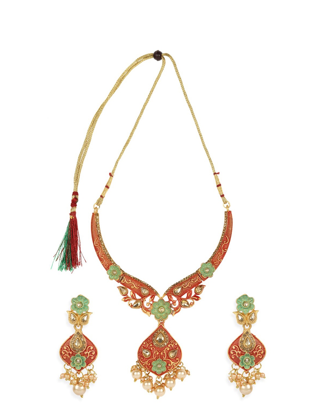 ANIKAS CREATION Gold-Plated Red & Green Enamelled Stone-Studded Traditional Jewellery Set
ANIKAS CREATION Gold-Plated Red & Green Enamelled Stone-Studded Traditional Jewellery Set
