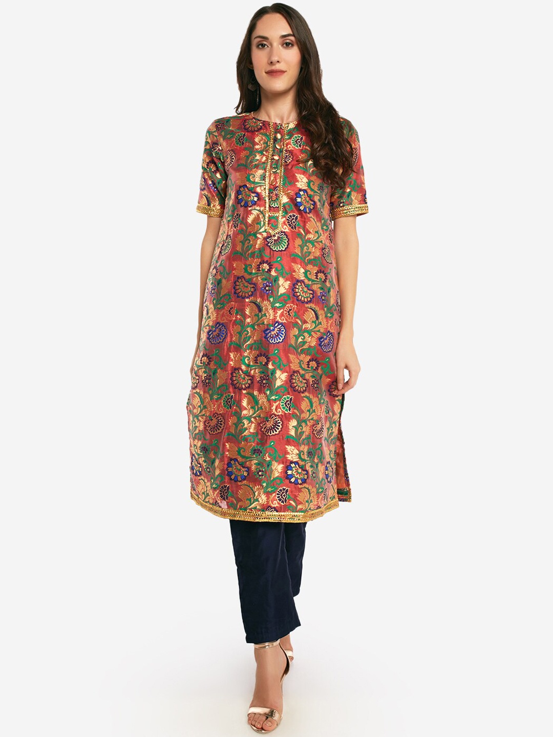 Desi Weavess Women Orange & Green Printed Straight Kurta