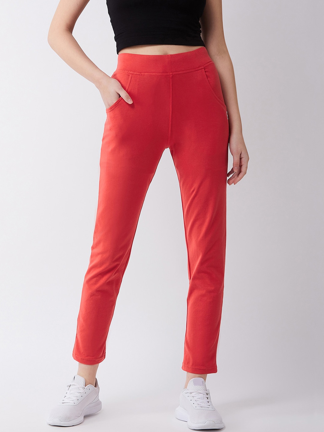 C9 AIRWEAR Women Coral Red Solid Straight-Fit Track Pants