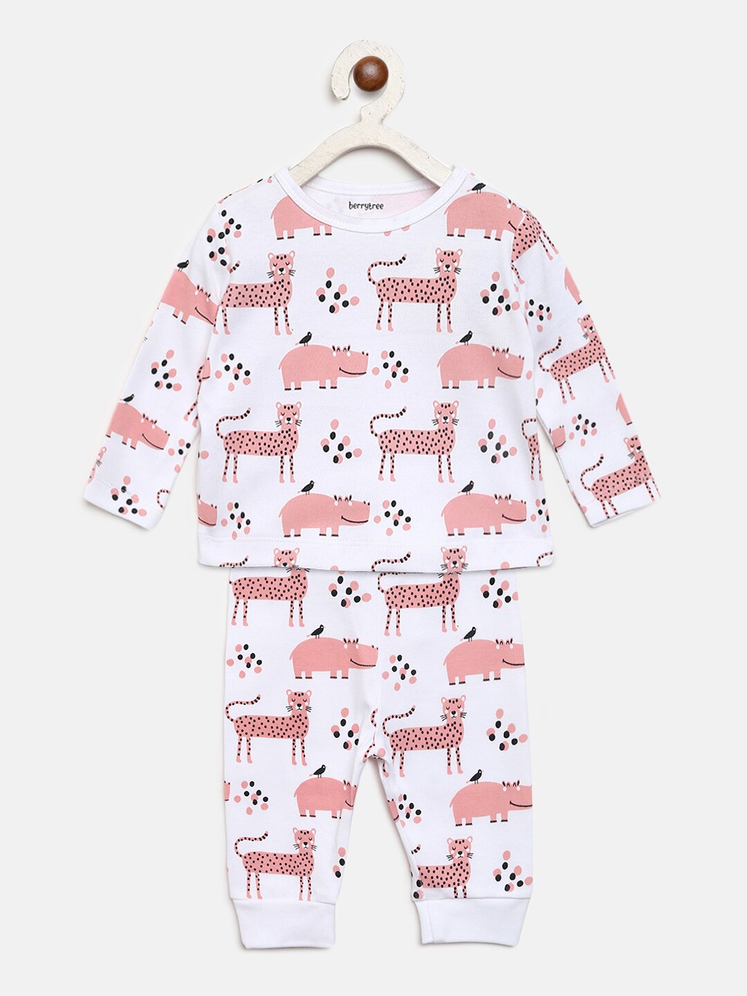 berrytree Infant Kids Pink & White Printed Organic Cotton Sustainable Night suit