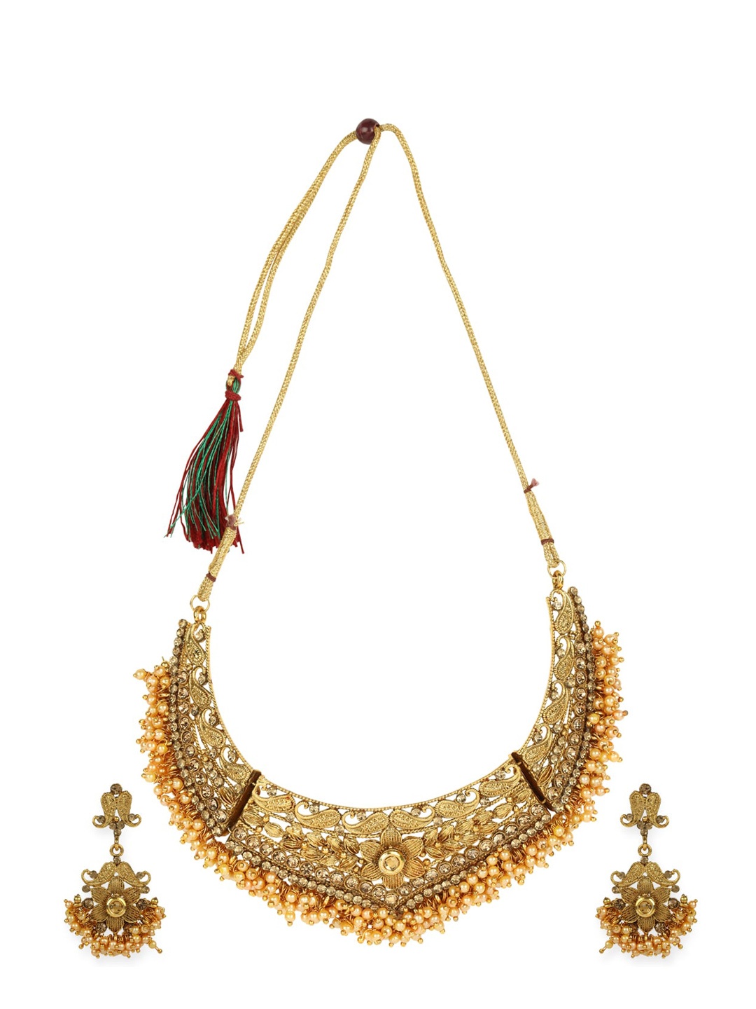 ANIKAS CREATION Gold-Plated Beige Stone-Studded Pearl Embellished Vilandi Sustainable Jewellery Set
ANIKAS CREATION Gold-Plated Beige Stone-Studded Pearl Embellished Vilandi Sustainable Jewellery Set