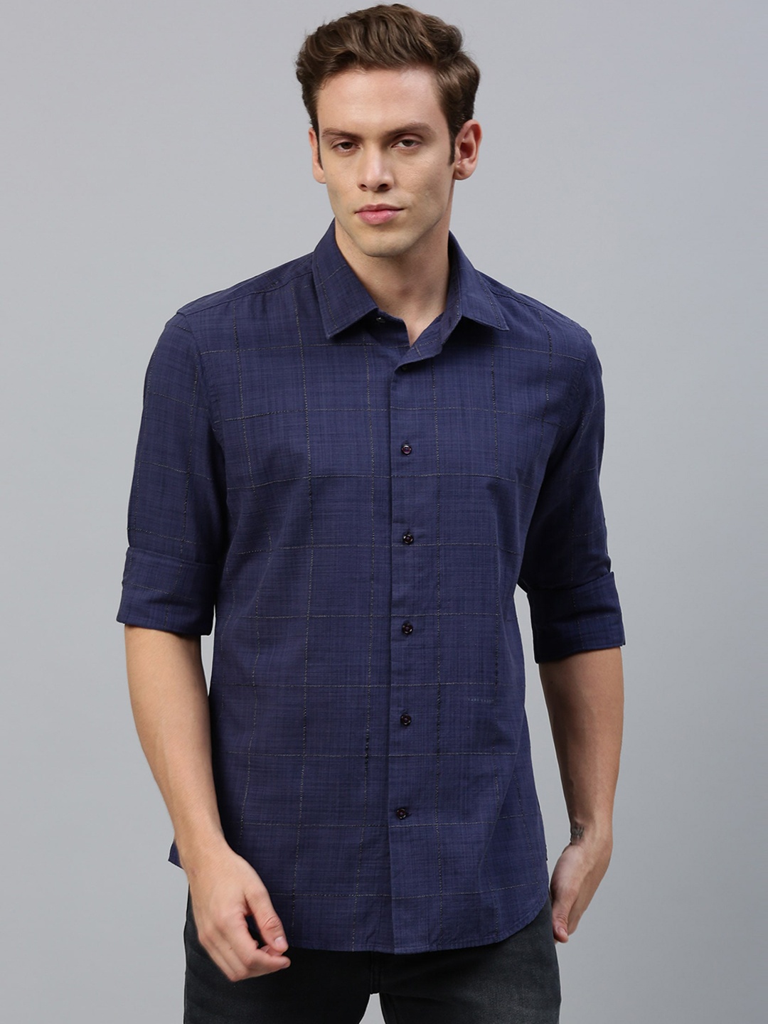 RARE RABBIT Men Navy Blue Regular Fit Checked Casual Shirt