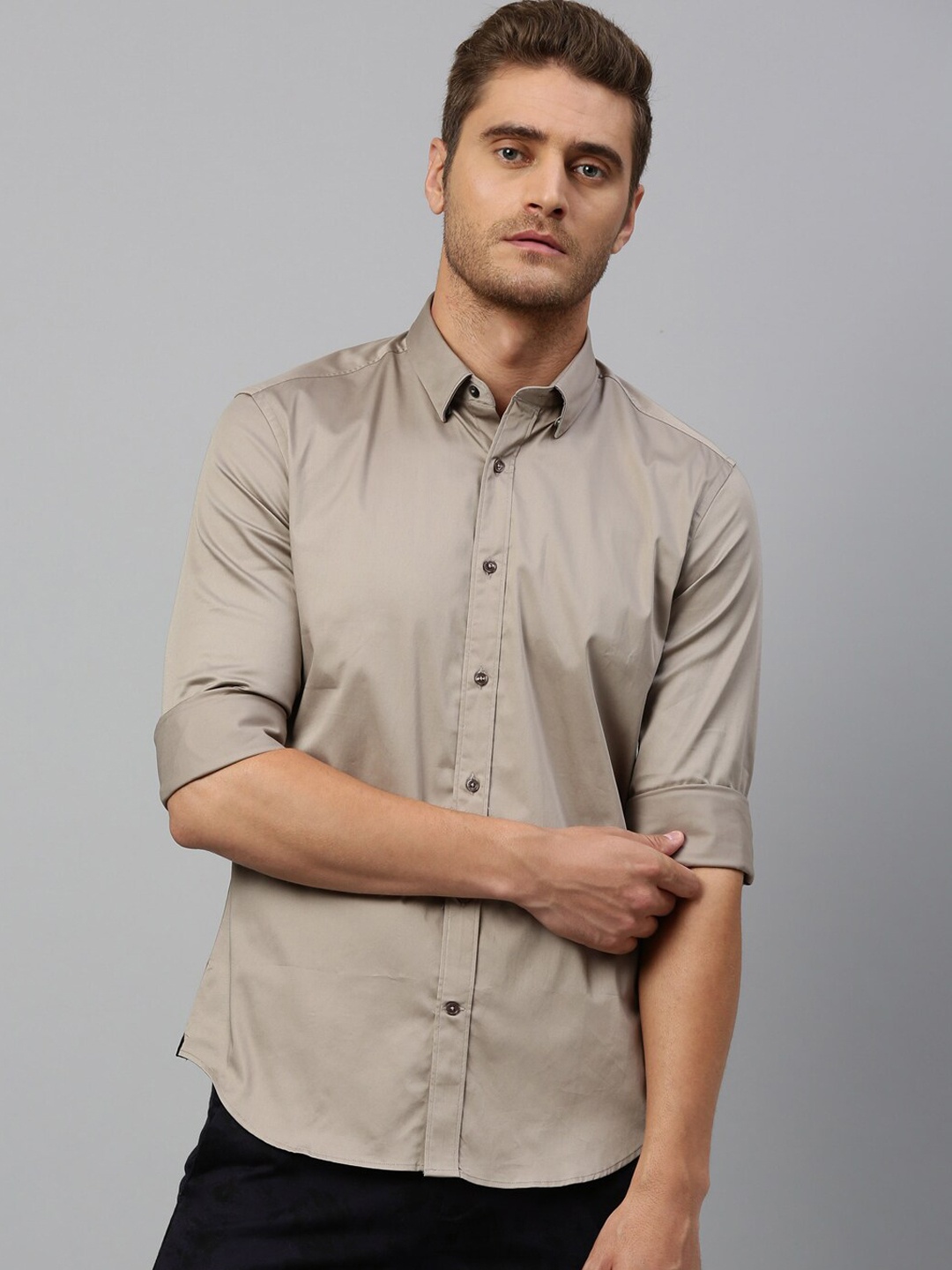 RARE RABBIT Men Beige Regular Fit Solid Casual Shirt