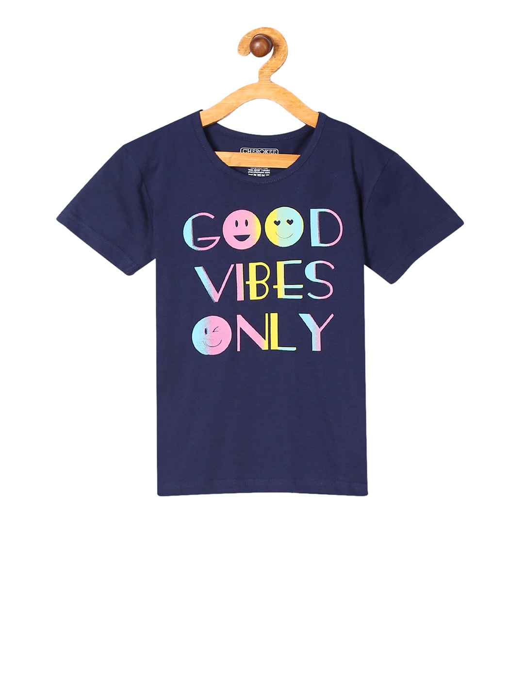 Cherokee Girls Navy Blue Pink Printed Round Neck Pure Cotton T-shirt