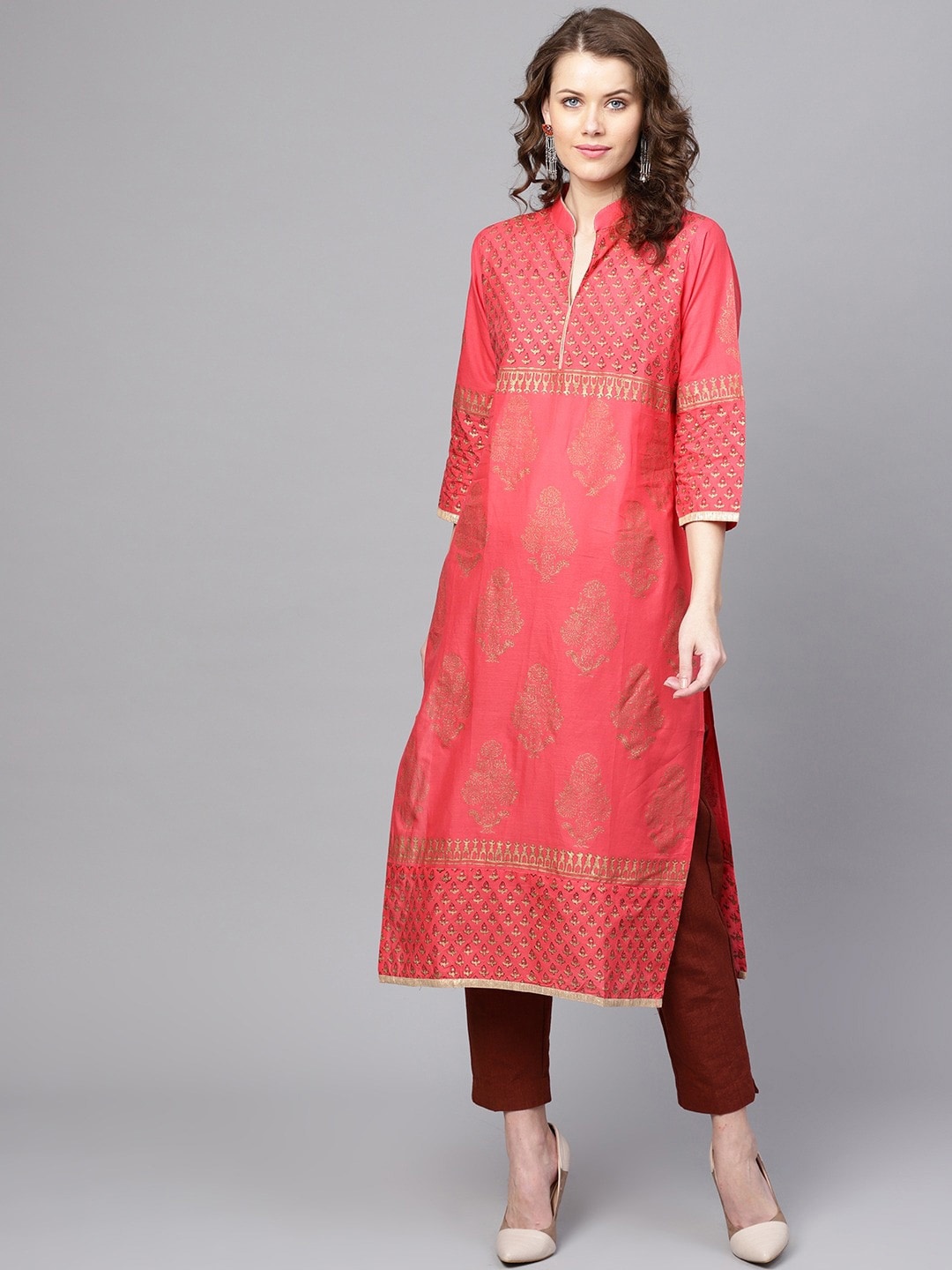 ZOEYAMS Women Coral Pink Block Printed Straight Kurta