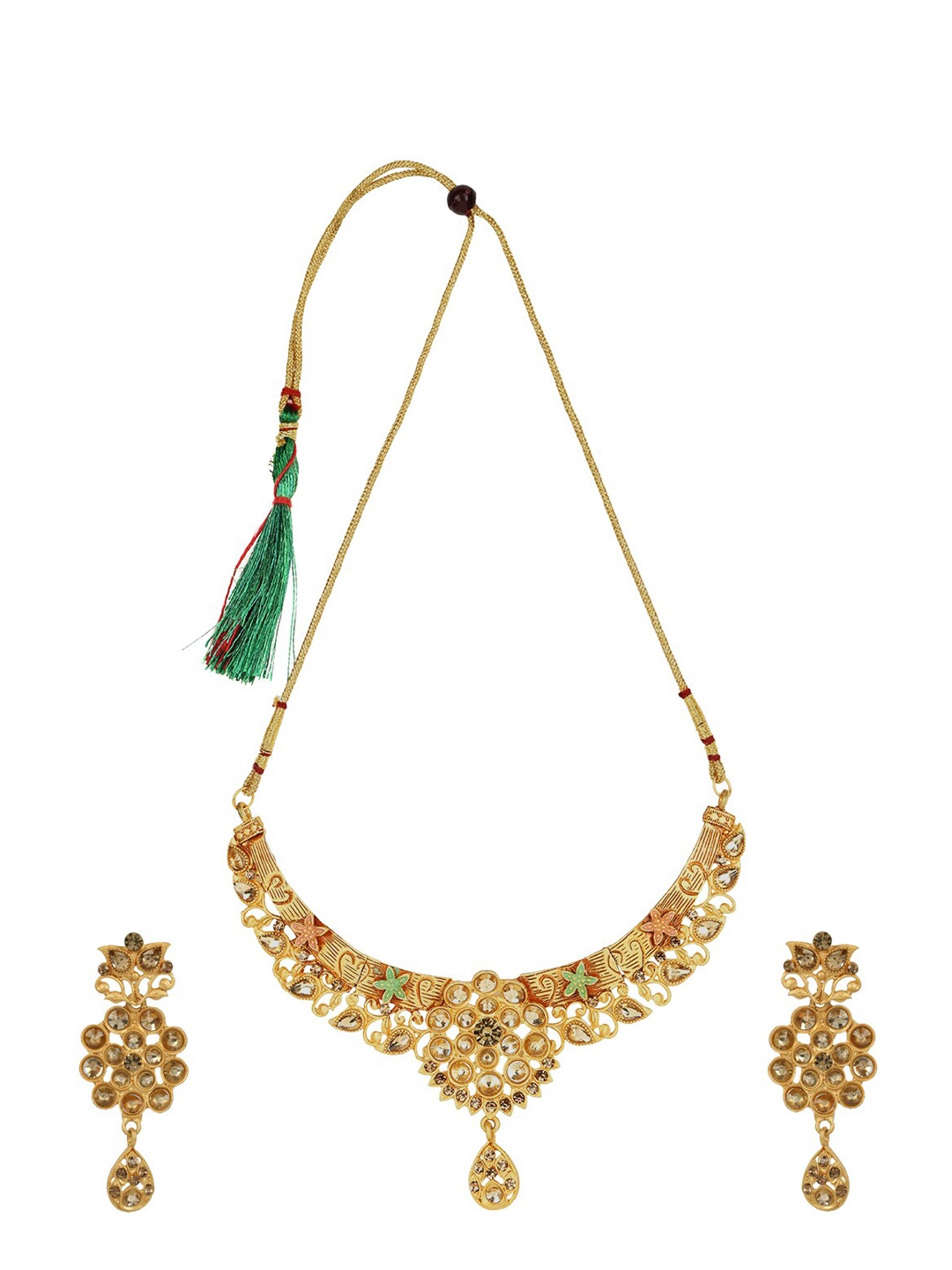 ANIKAS CREATION Gold-Plated Beige & Green Stone-Studded Enamelled Sustainable Jewellery Set
ANIKAS CREATION Gold-Plated Beige & Green Stone-Studded Enamelled Sustainable Jewellery Set