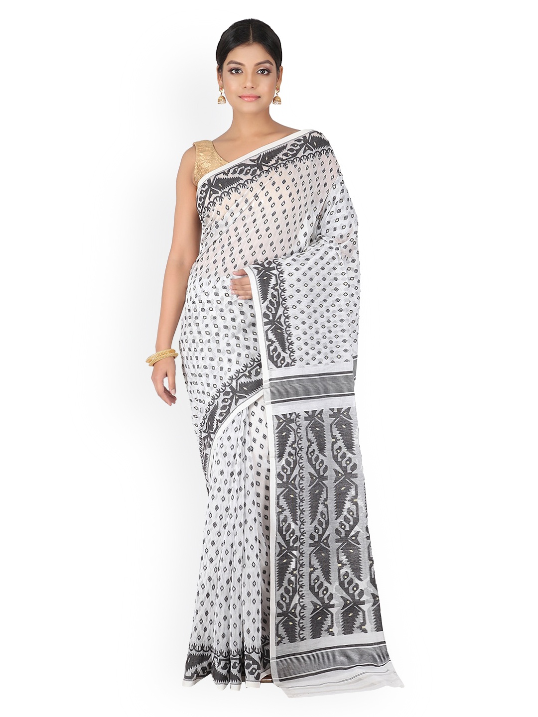 PinkLoom White & Black Pure Cotton Woven Design Jamdani Sustainable Saree