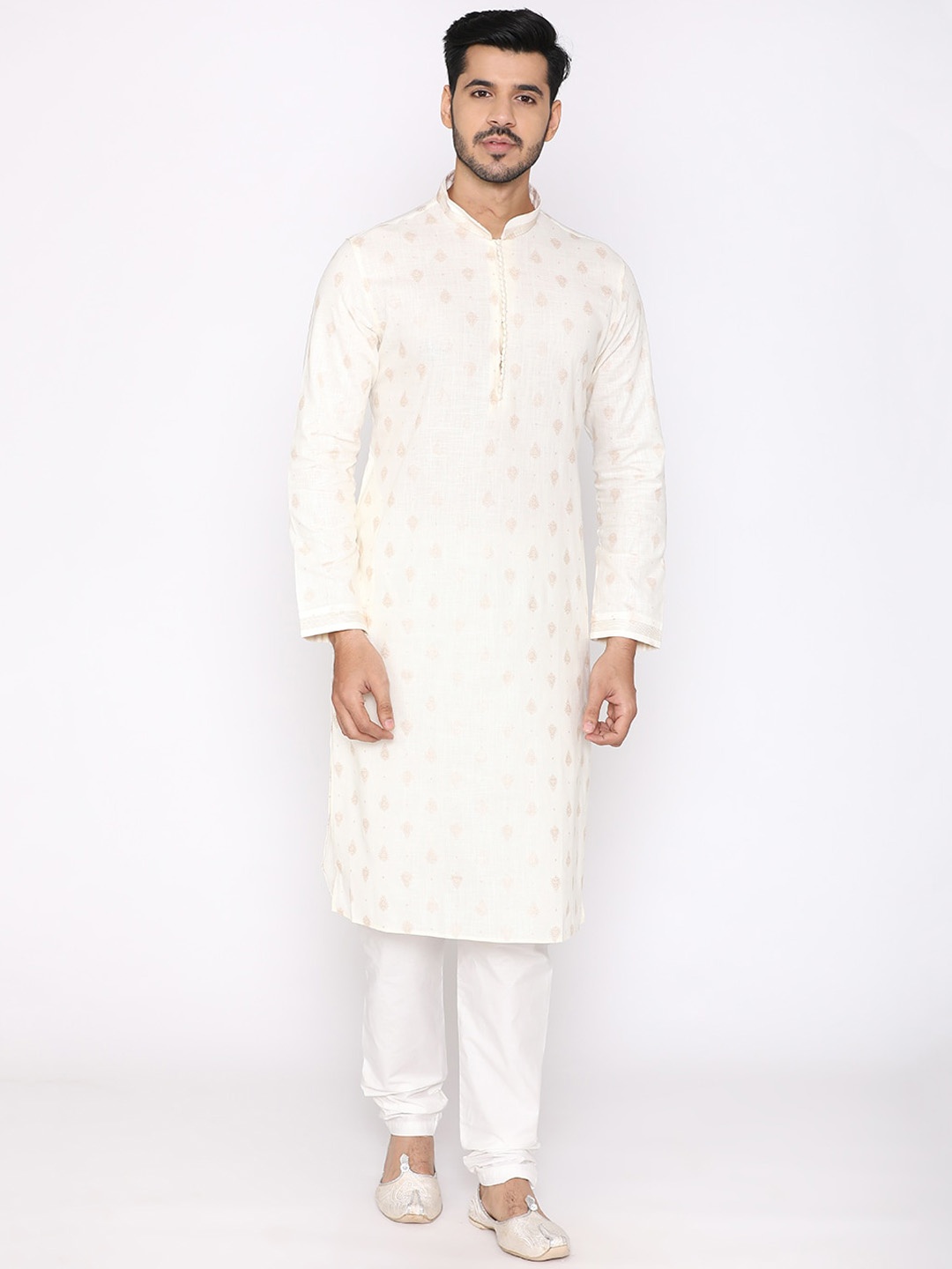 Manyavar Men White Self Design Kurta with Churidar