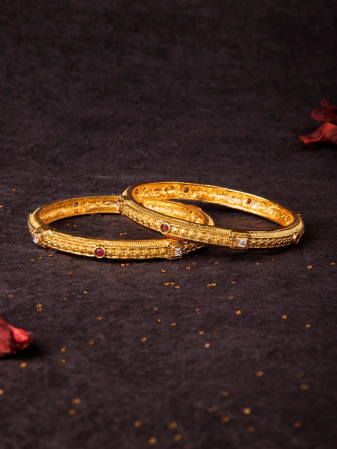 Rubans Set Of 2 Gold-Plated White & Pink Faux Ruby Studded Handcrafted Bangles