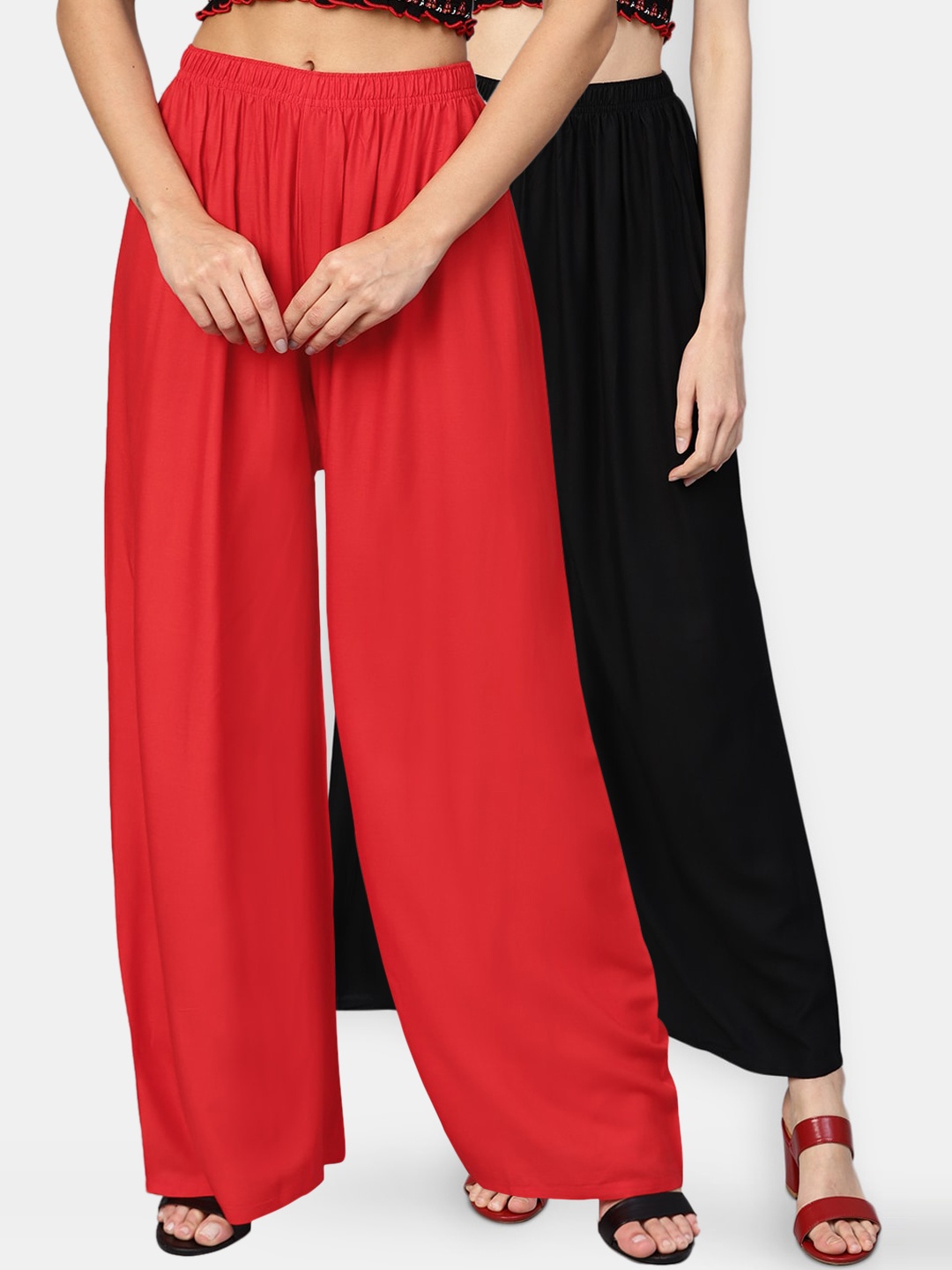 Jompers Women Pack of 2 Black & Red Solid Wide Leg Palazzos