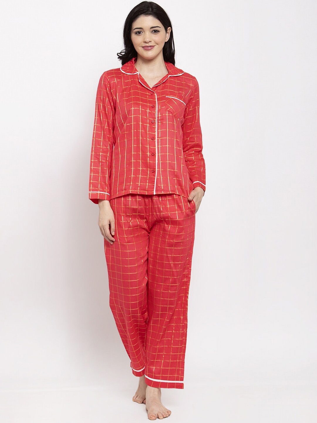 Secret Wish Women Coral Red & Gold Checked Night suit