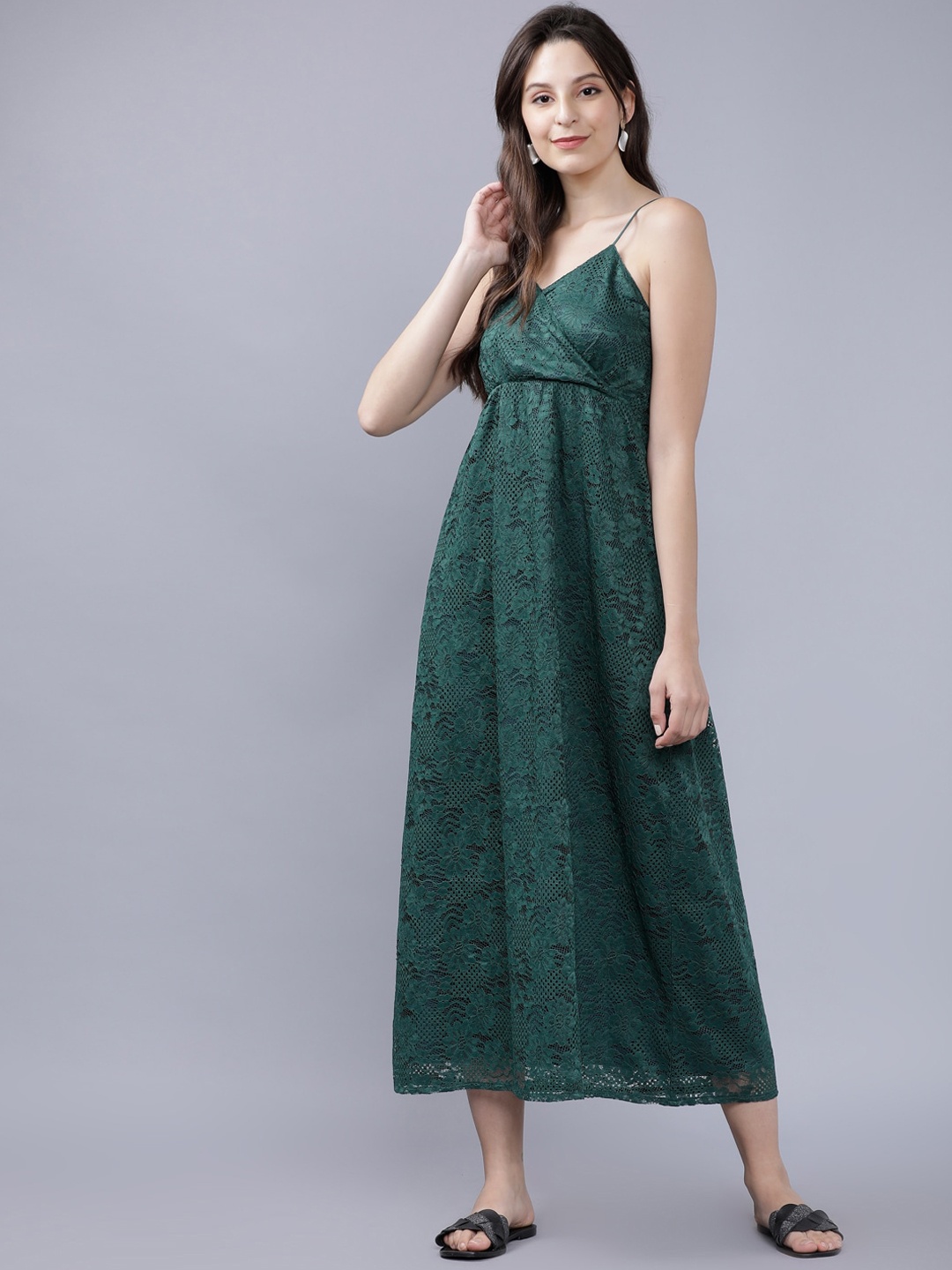 Tokyo Talkies Women Green Self Design Fit and Flare Dress