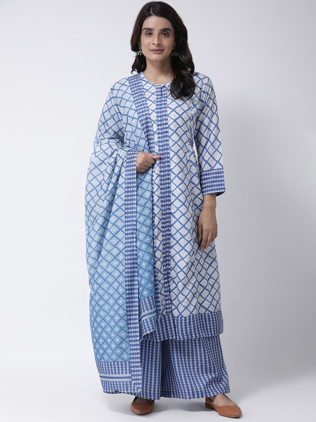 Hangup Women Blue & Off-White Printed Kurta with Palazzos & Dupatta