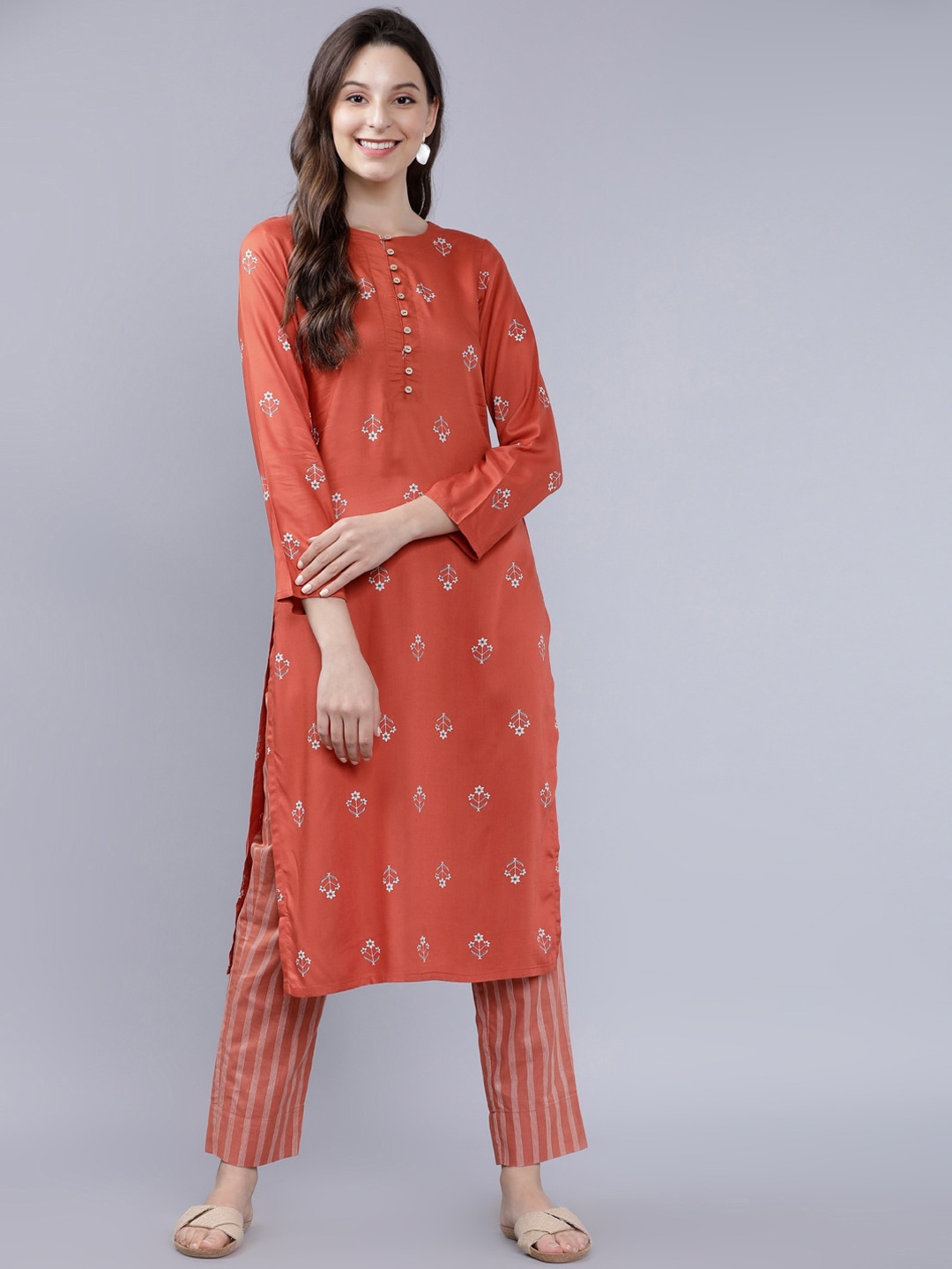 Vishudh Women Rust Red Printed Kurta with Trousers