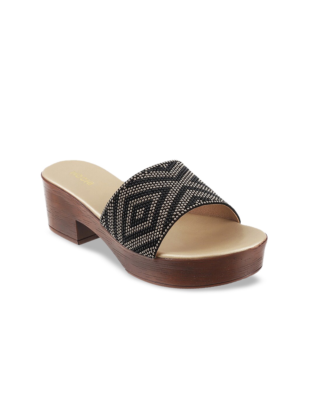 Mochi Women Gold-Toned & Black Embellished Heels
